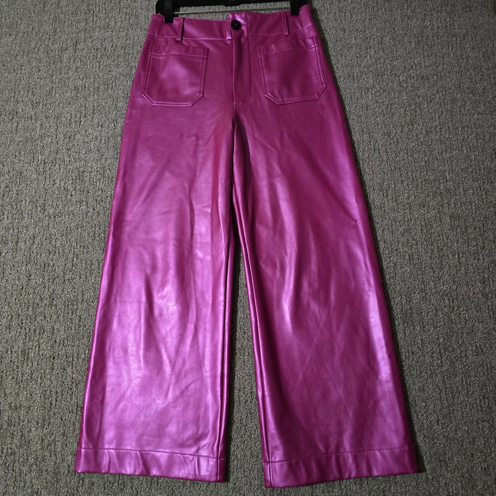 Anthropologie Maeve The Colette Metallic Pink Faux Leather Wide Leg Pants 29